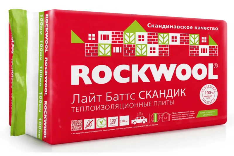 Утеплитель ROCKWOOL Лайт Баттс СКАНДИК 100*600*800(2,88кв.м)